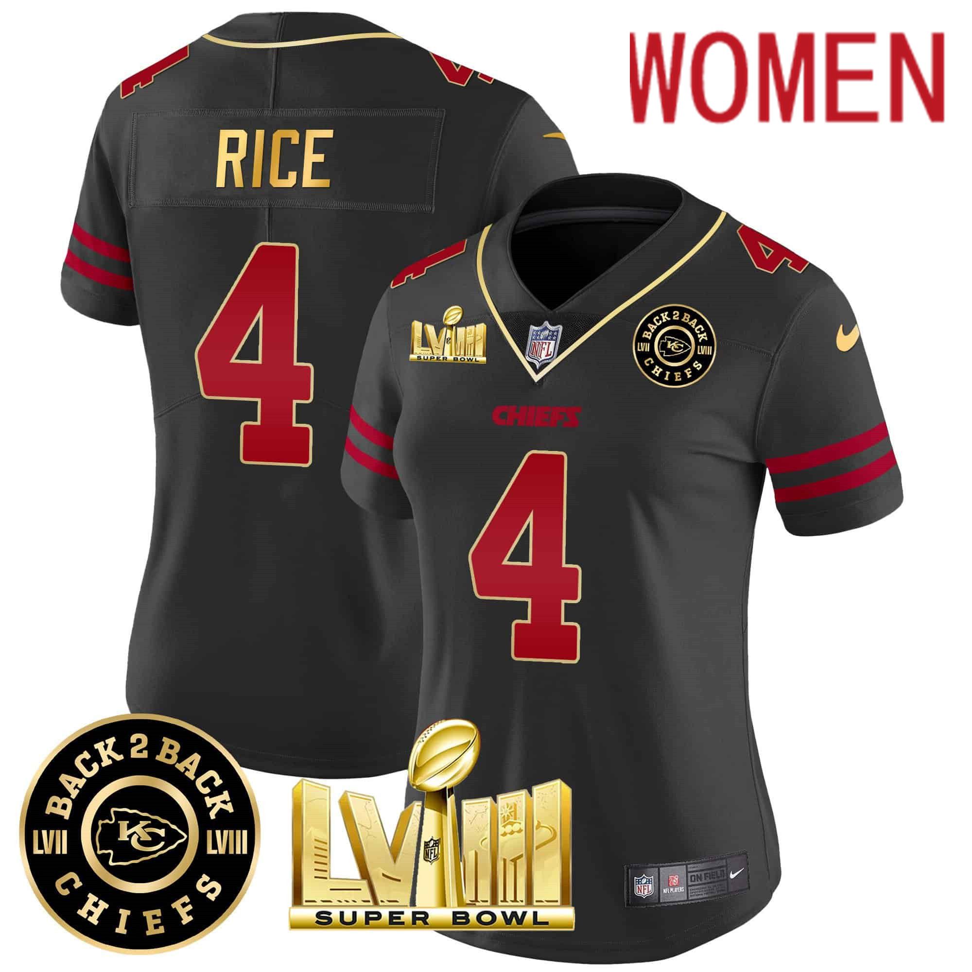 Women Kansas City Chiefs #4 Rice Black 2024 Nike Super Bowl LVIII & Back-2-Back Patch Vapor NFL Jersey style 1